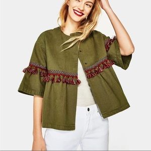 Zara Basic Boho Volume Sleeve Cargo Green Jacket with Fringe/Tassels - size XS